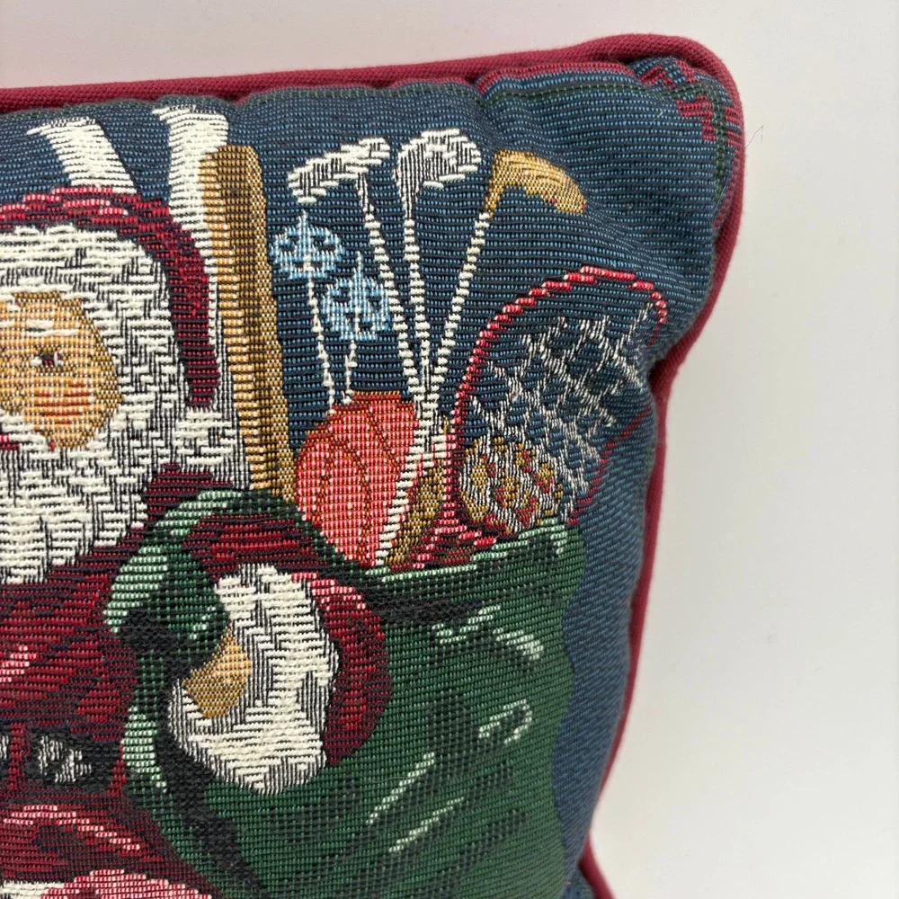 Vintage‎ Woven Tapestry Sports Santa Christmas Decorative Pillow Blue Burgundy